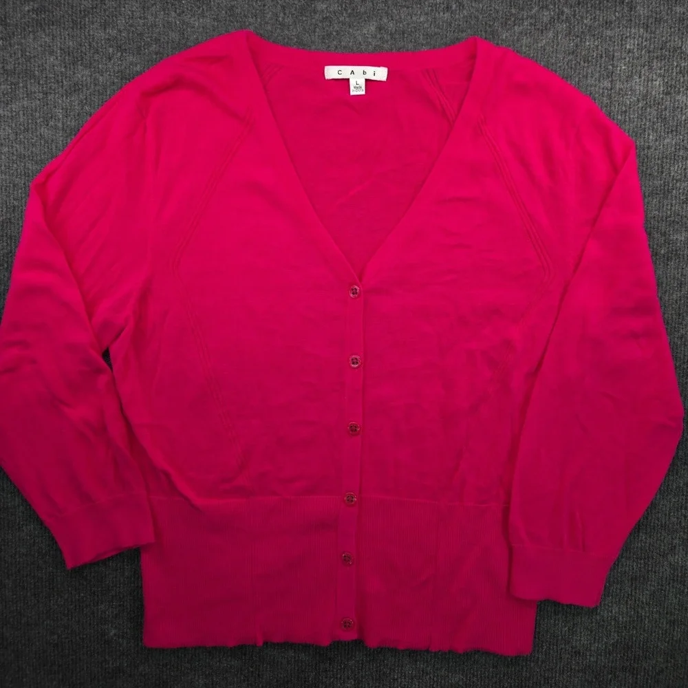Cabi Cardigan Women Large Pink 100%‎ Cotton V-Neck Button Front Ribbed Knit 885